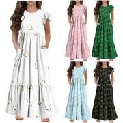 Clearance Girls Casual Maxi Dress Ruffles Short Sleeve Holiday Princess Dresses with Pockets for Girls 6-12 Years
